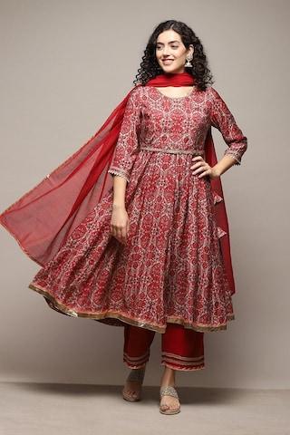 red print ethnic 3/4th sleeves round neck women anarkali fit palazzo kurta dupatta set