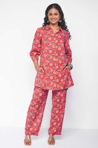 red print full length casual women straight fit coordinates set