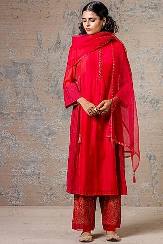 red printed & embroidered kurta set