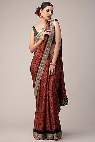 red printed & embroidered saree set