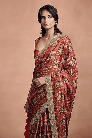 red printed & embroidered saree
