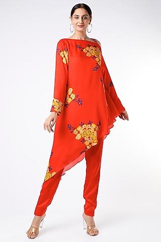 red printed & embroidered tunic set