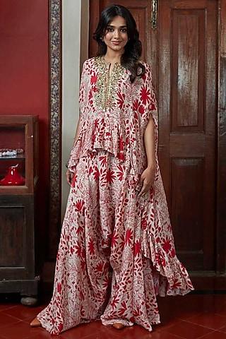 red printed & hand embroidered cape set