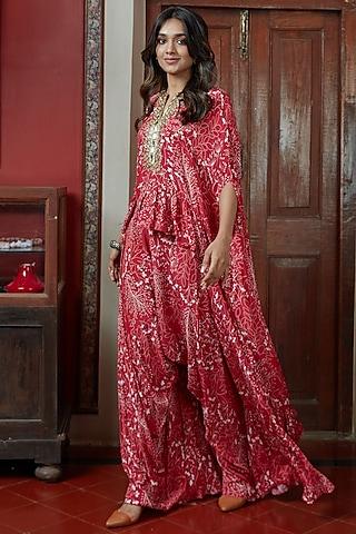 red printed & hand embroidered high-low cape set