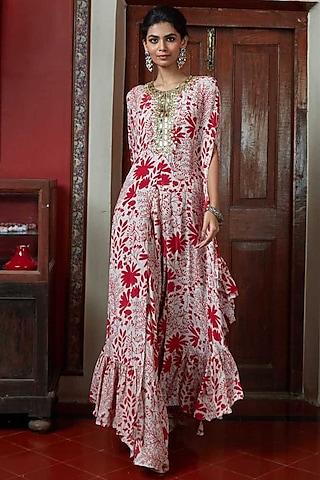 red printed & hand embroidered long cape set