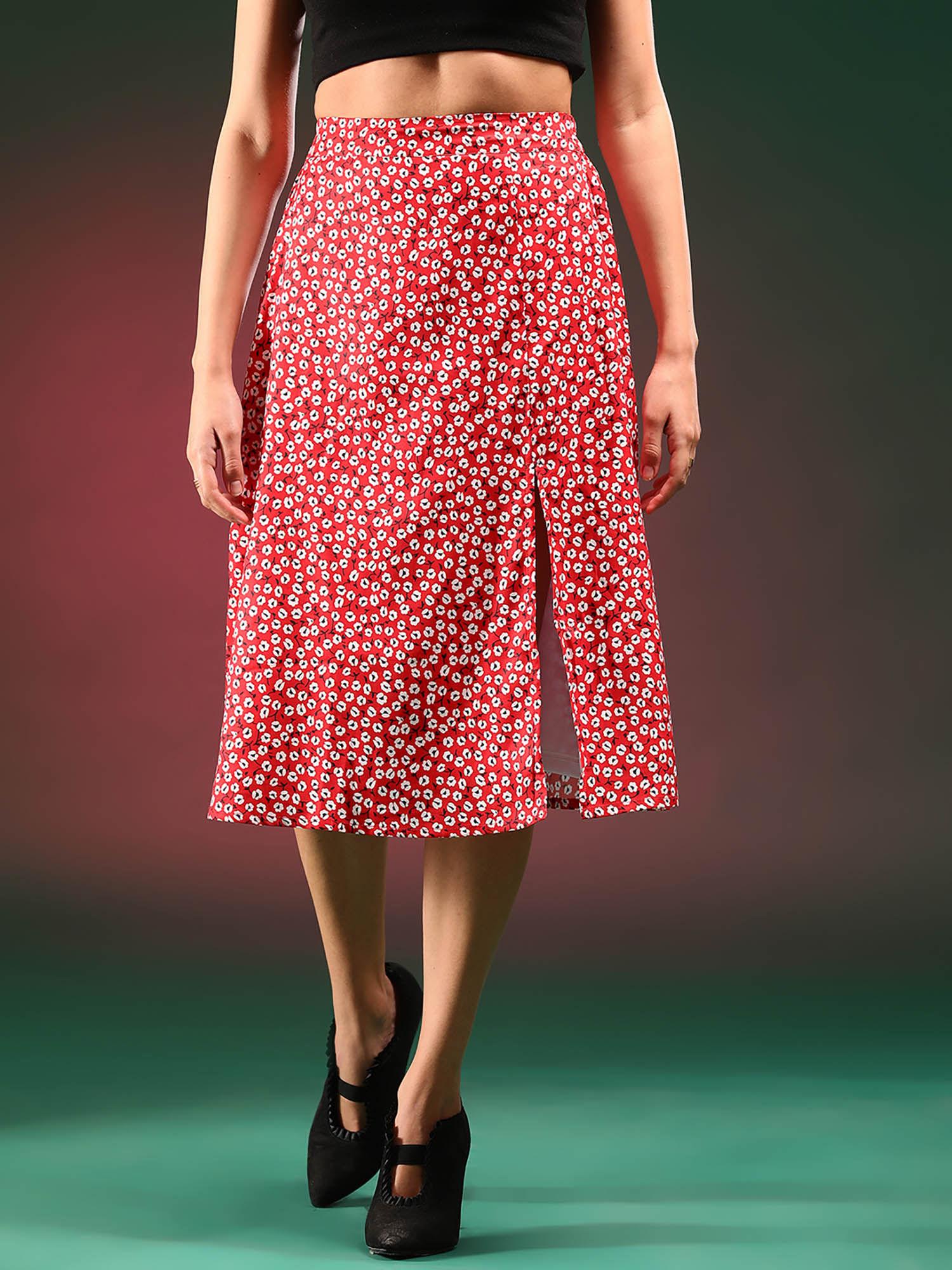 red printed a-line knee length skirt