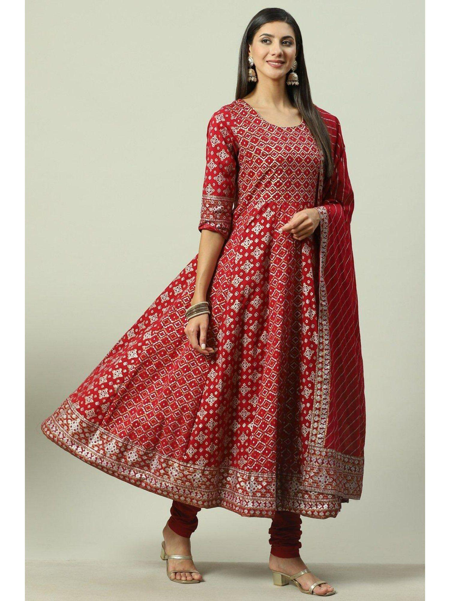 red printed anarkali (set of 3)