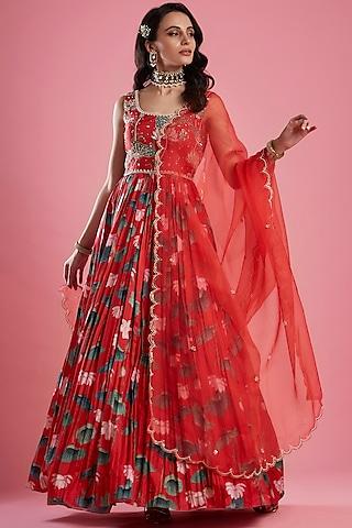 red printed anarkali set