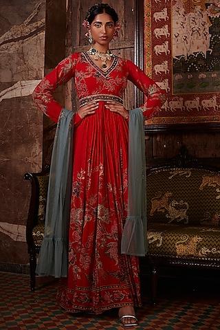 red printed anarkali set