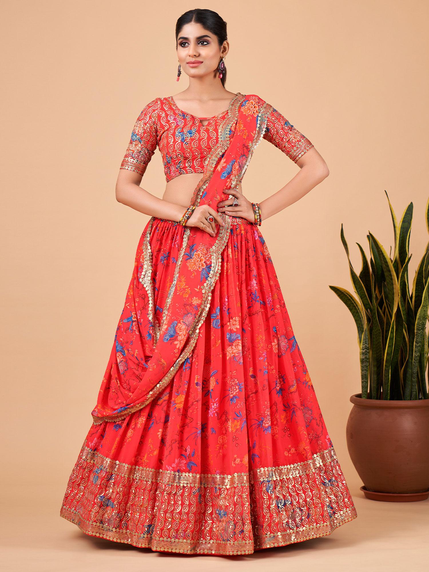 red printed and embroidered semi stitched lehenga with unstitched blouse (set of 3)