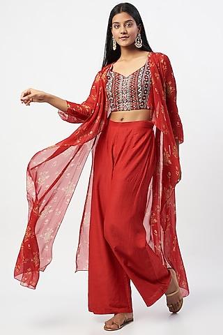 red printed asymmetrical cape set