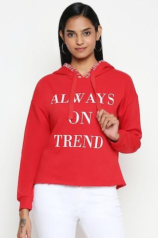 red printed casual full sleeves regular hood women regular fit sweatshirt