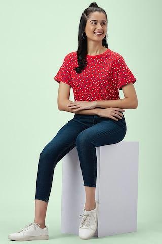 red printed casual half sleeves round neck women regular fit top
