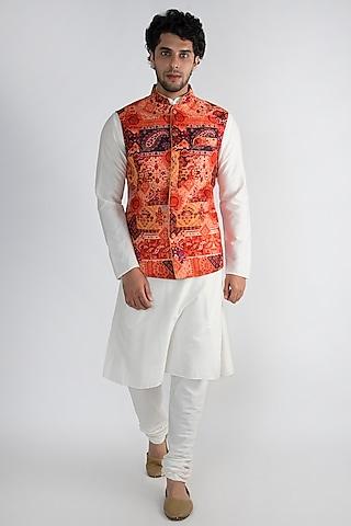 red printed cotton silk nehru jacket