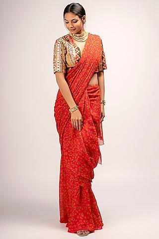 red printed draped saree set