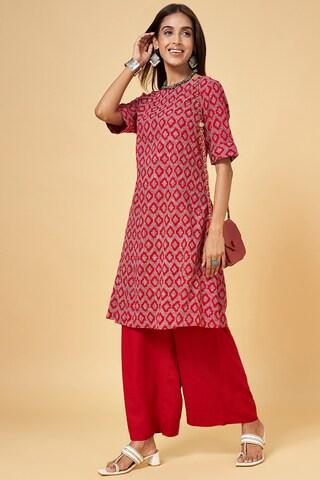 red printed ethnic boat neck elbow sleeves knee length women regular fit kurta pant set