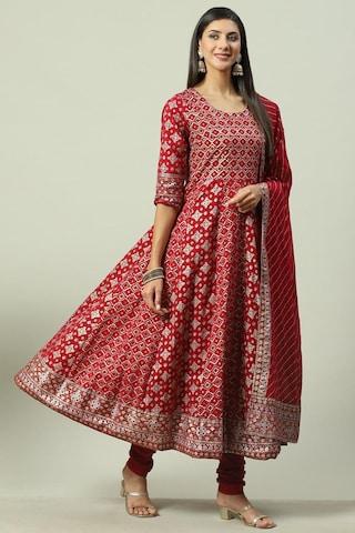 red printed ethnic round neck 3/4th sleeves ankle-length women flared fit churidar kurta dupatta set