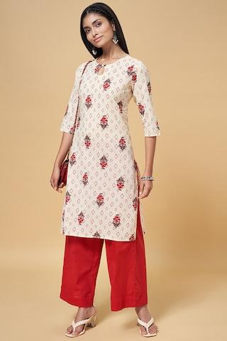 red printed ethnic round neck 3/4th sleeves calf-length women regular fit kurta pant set