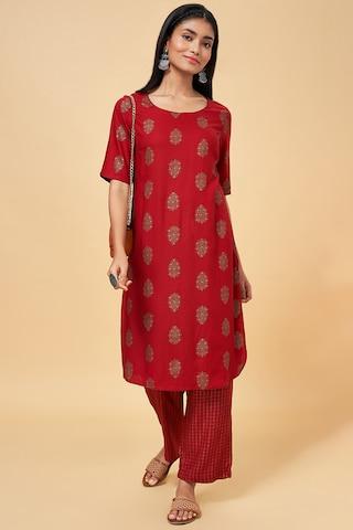 red printed ethnic round neck elbow sleeves calf-length women regular fit kurta pant set