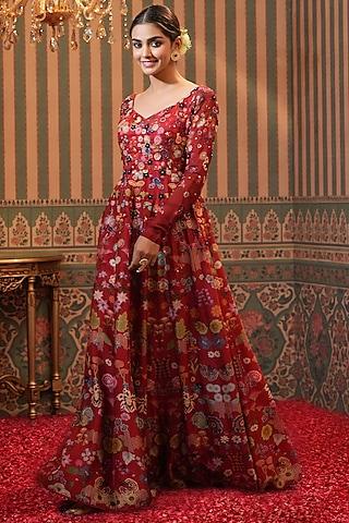 red printed gown