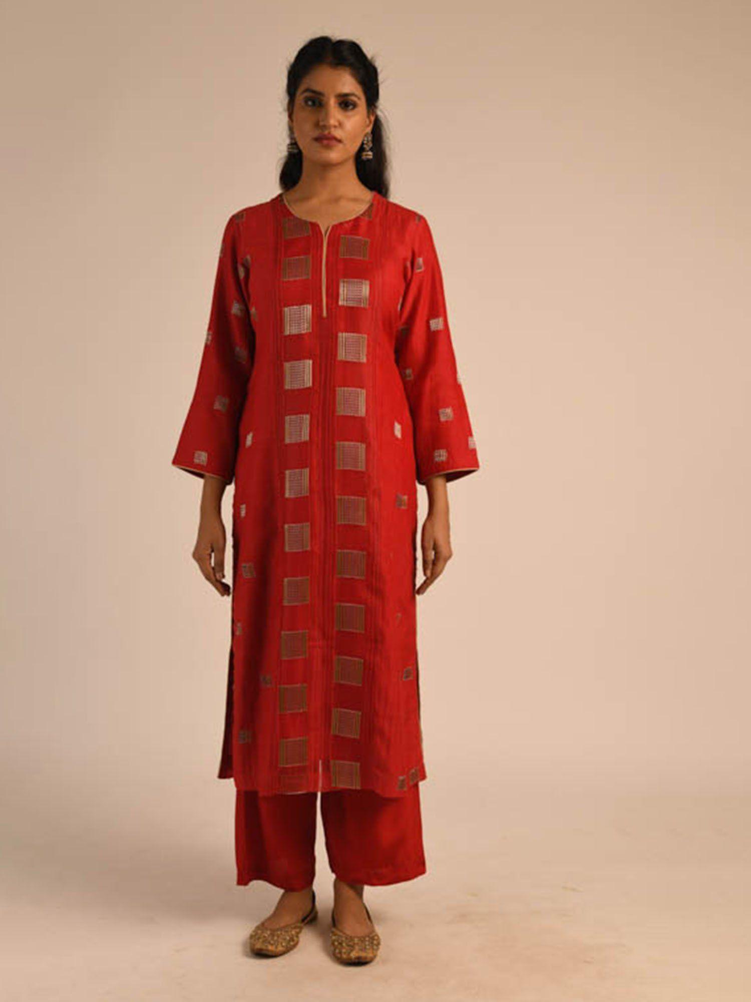 red printed kurta and palazzo with dupatta (set of 3)