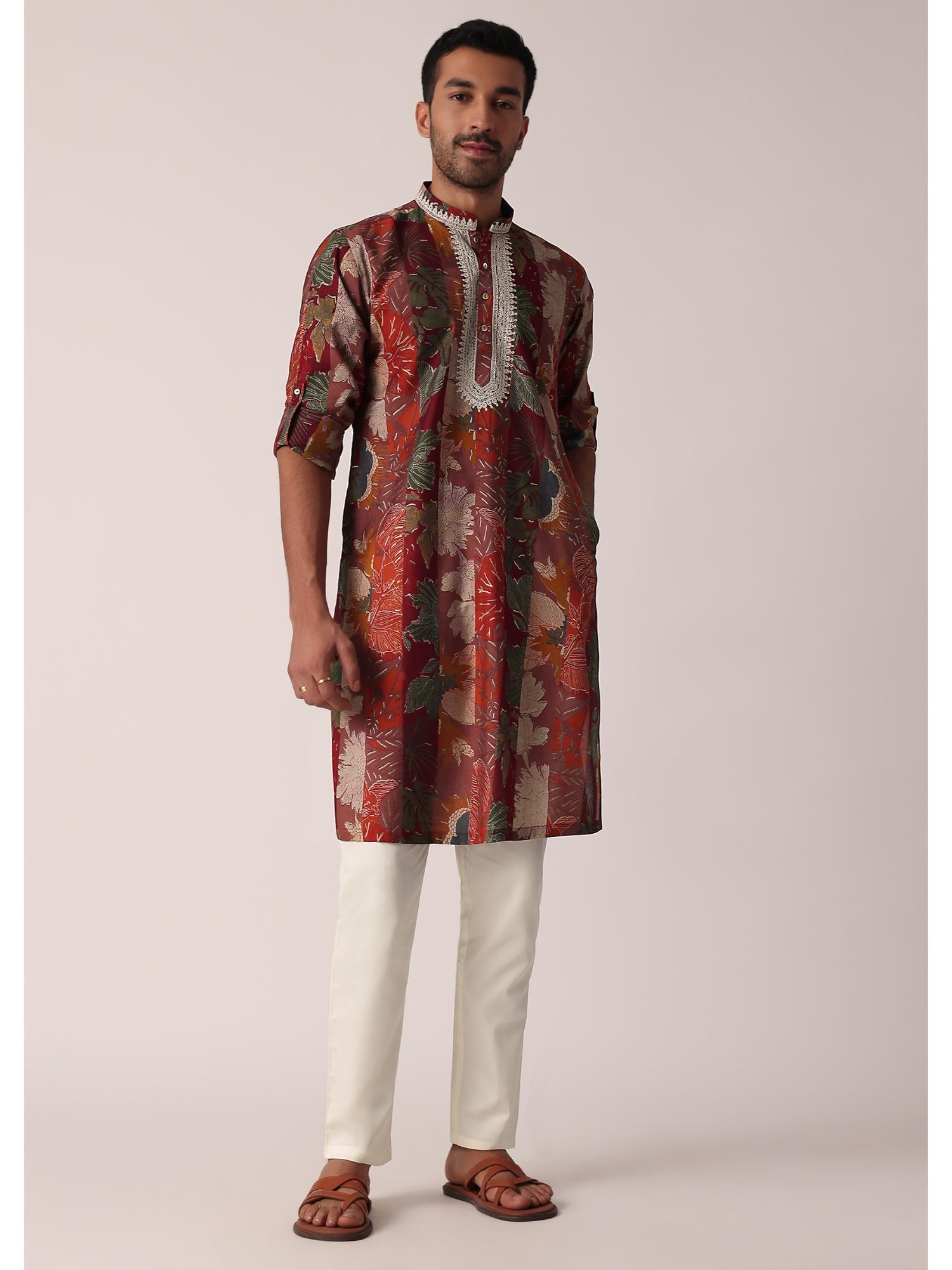 red printed kurta for men