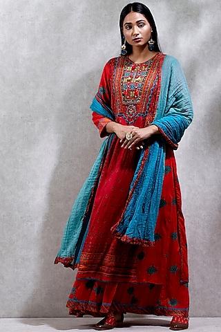 red printed layered kurta set