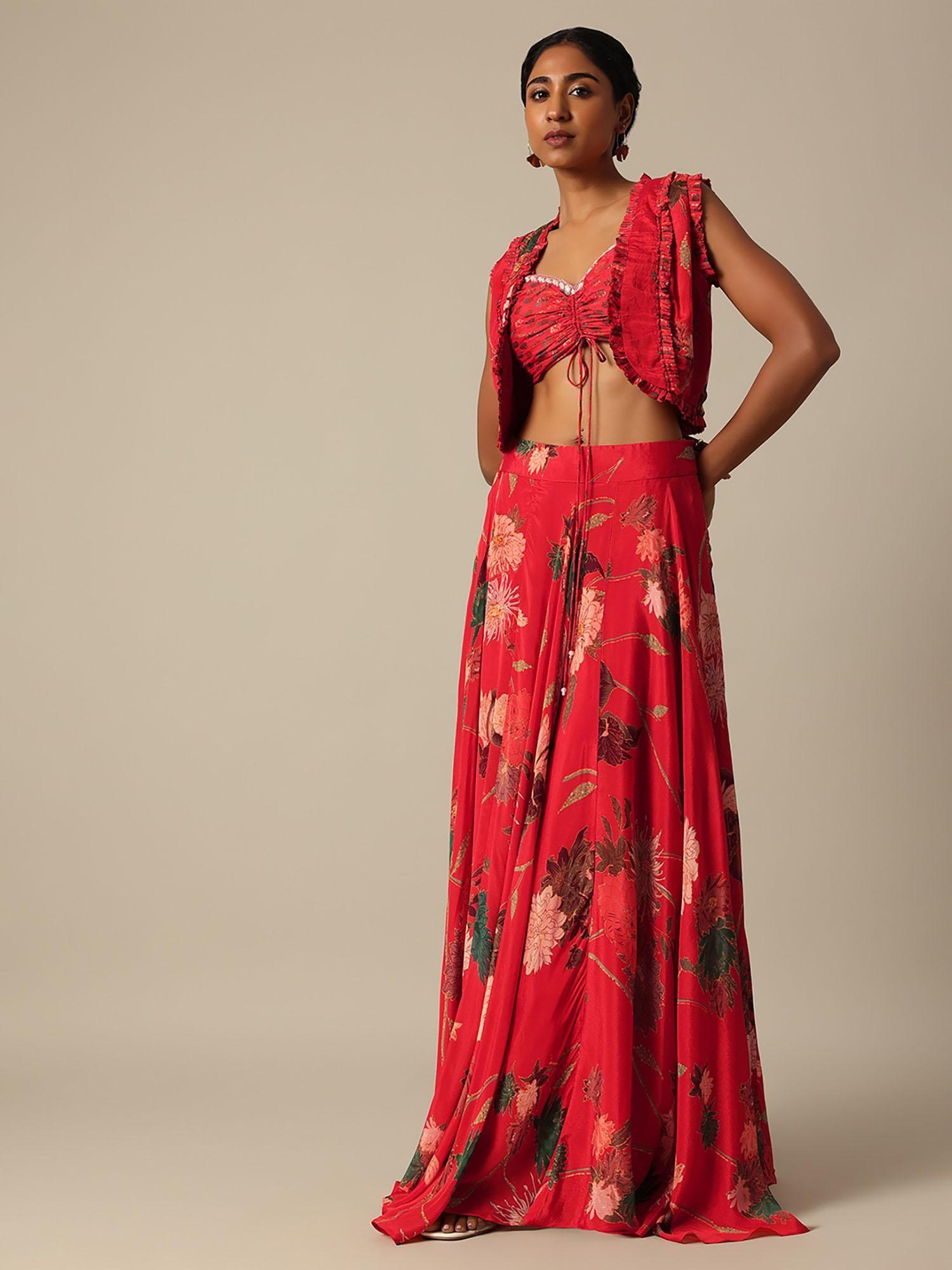 red printed lehenga and jacket in chiffon with choli (set of 3)