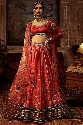 red printed lehenga set with embroidered dupatta