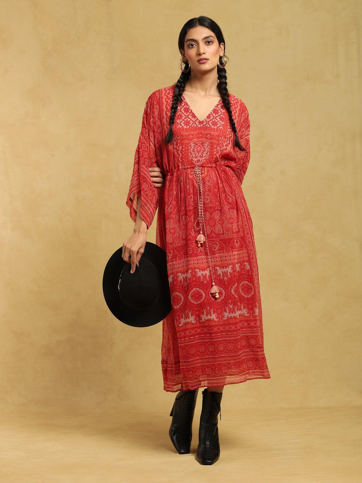 red printed long dress