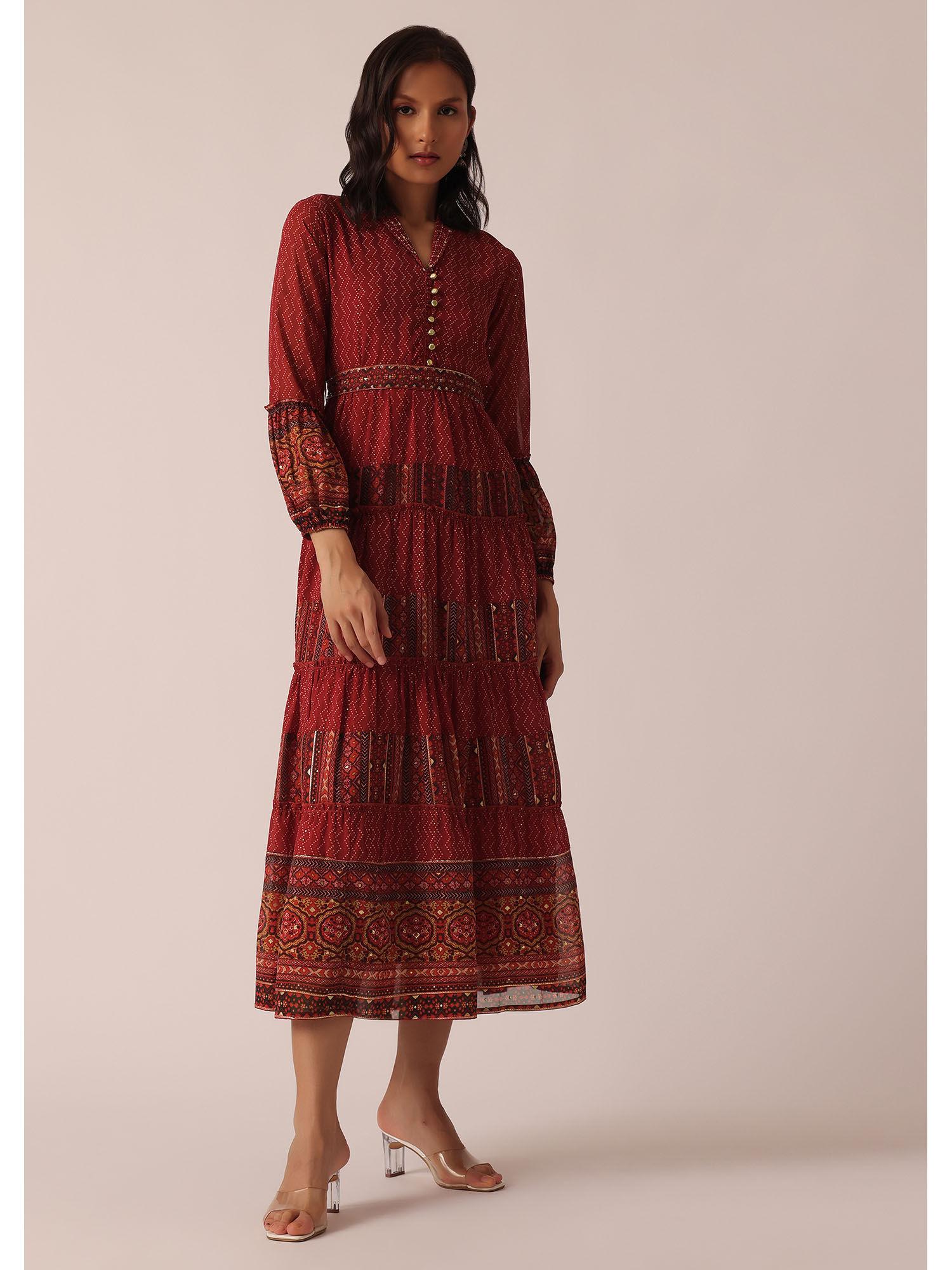 red printed midi dress with belt (set of 2)