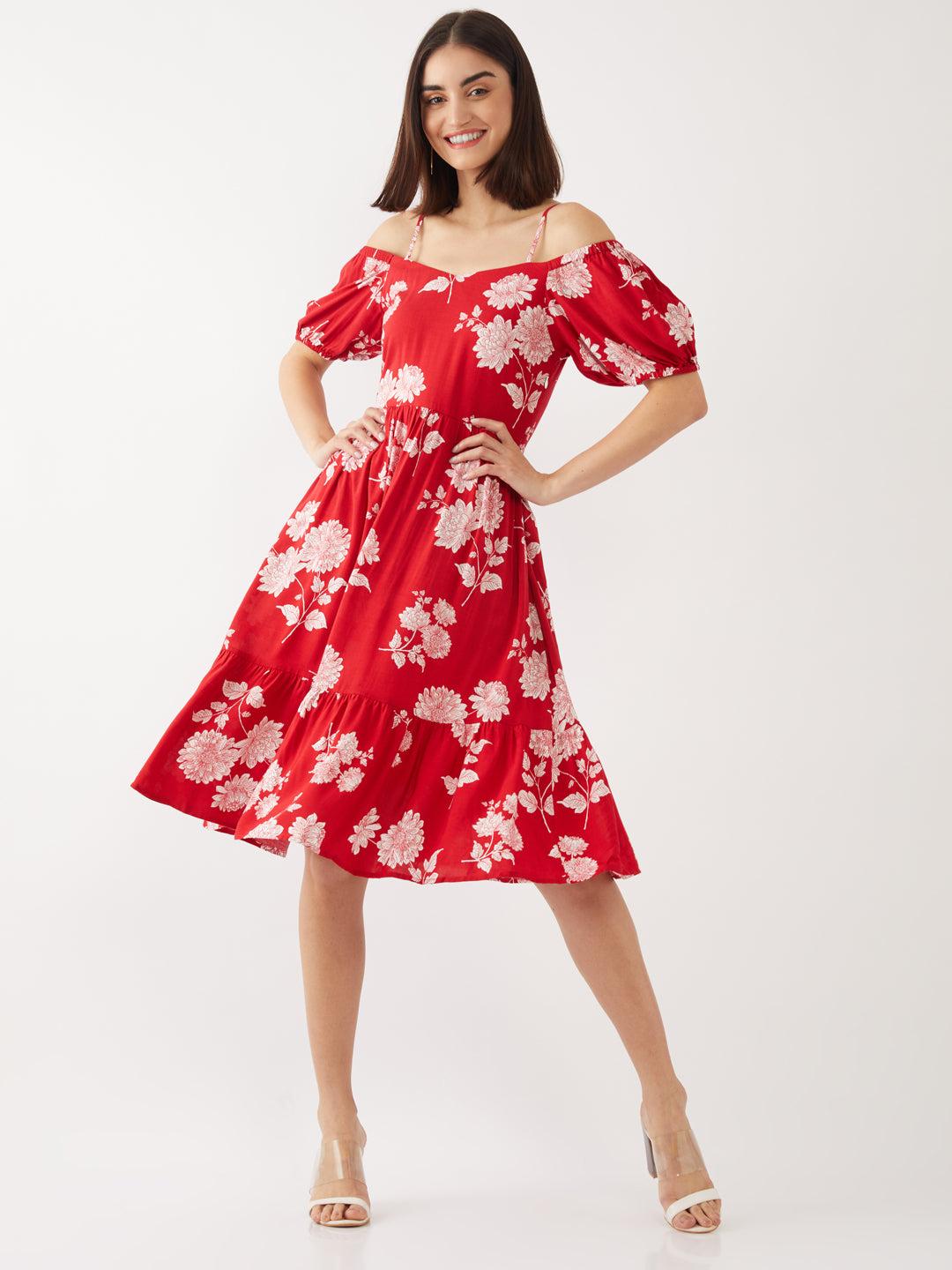 red printed midi for women