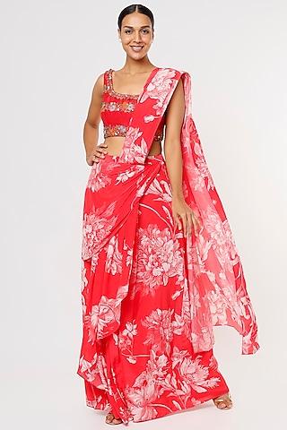 red printed pre-draped saree set