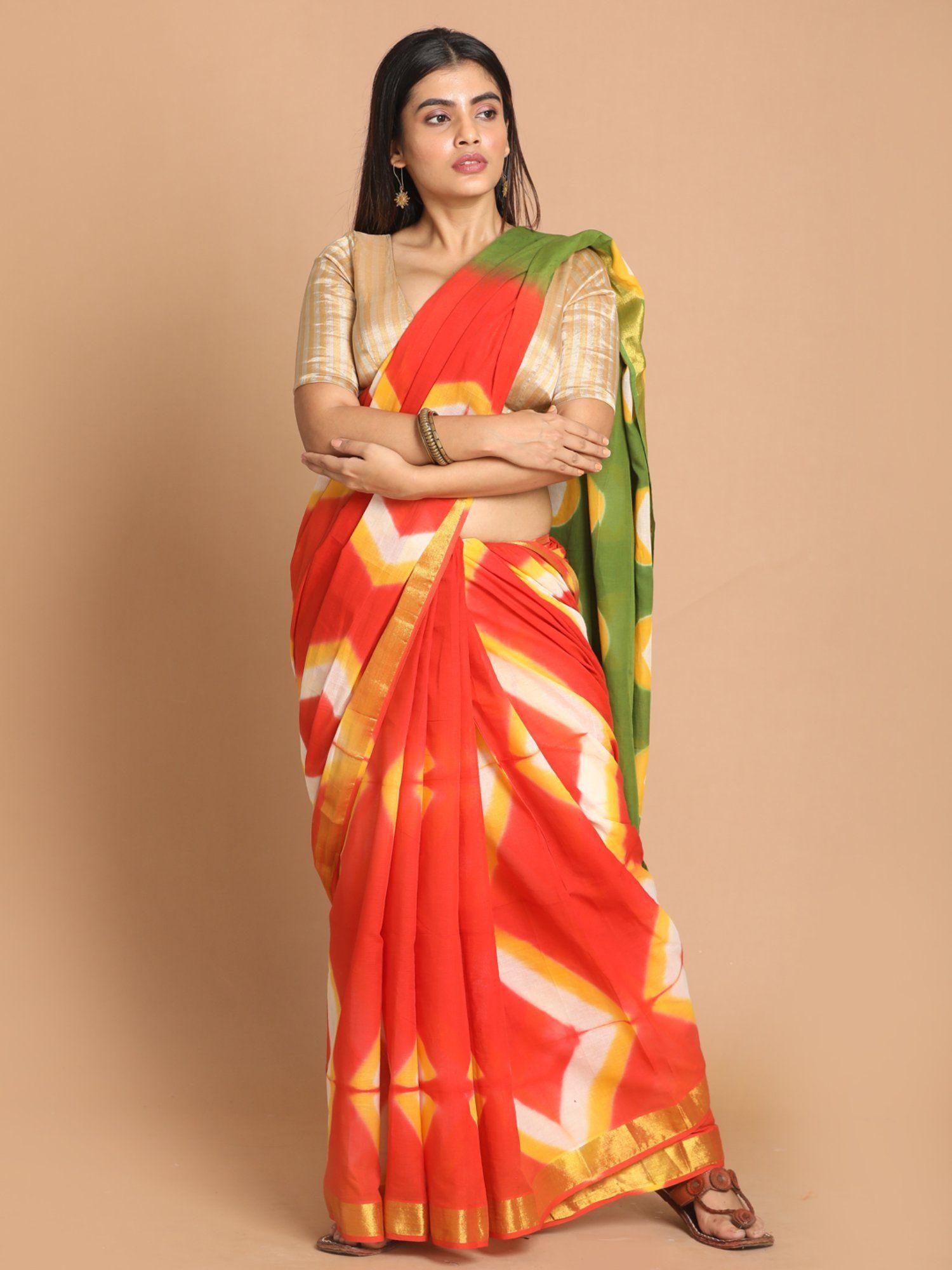 red printed pure cotton saree with unstitched blouse