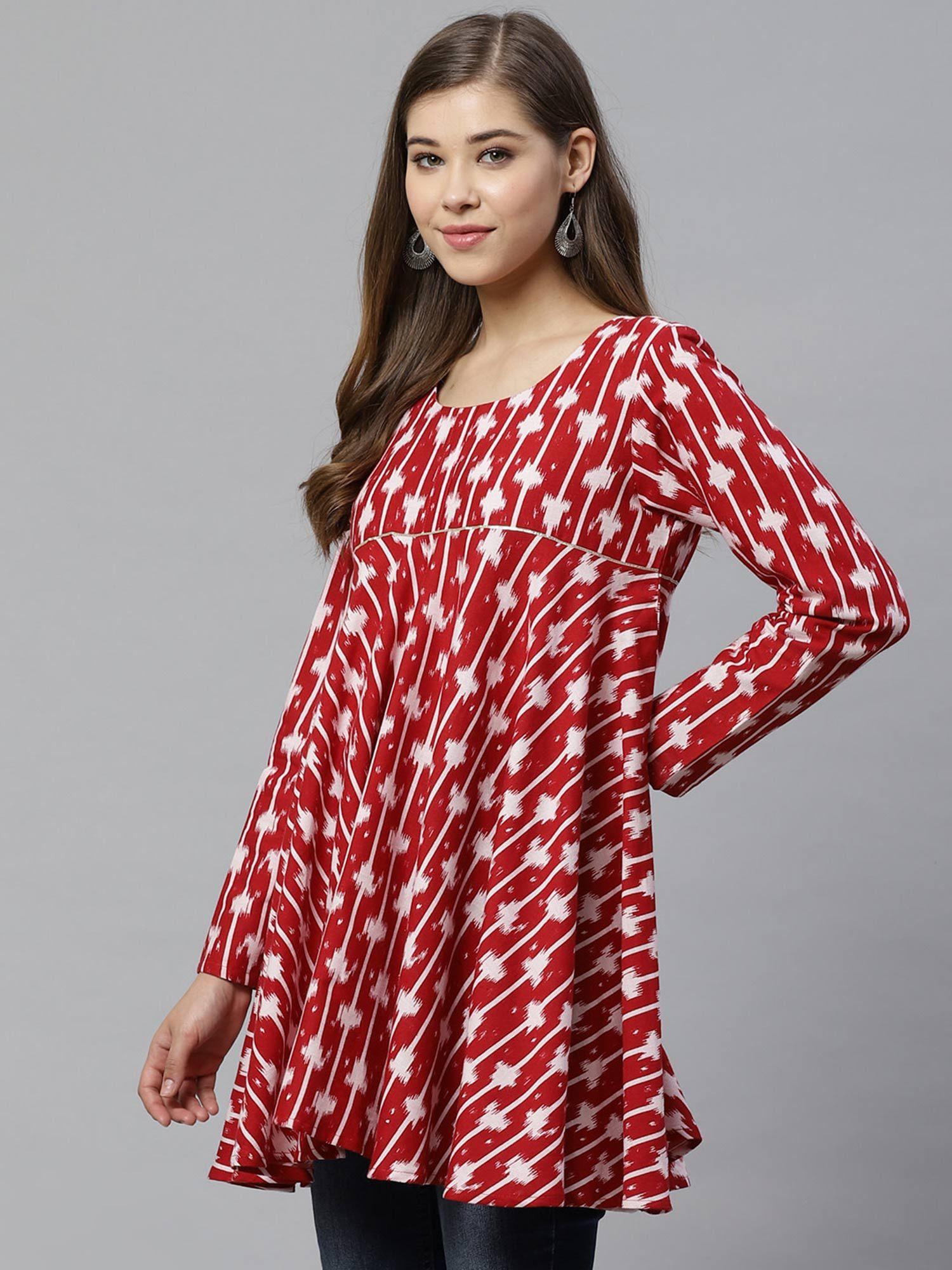 red printed round neck tunic