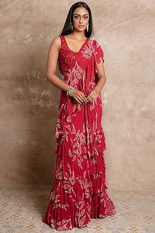 red printed ruffled saree set