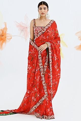 red printed saree set