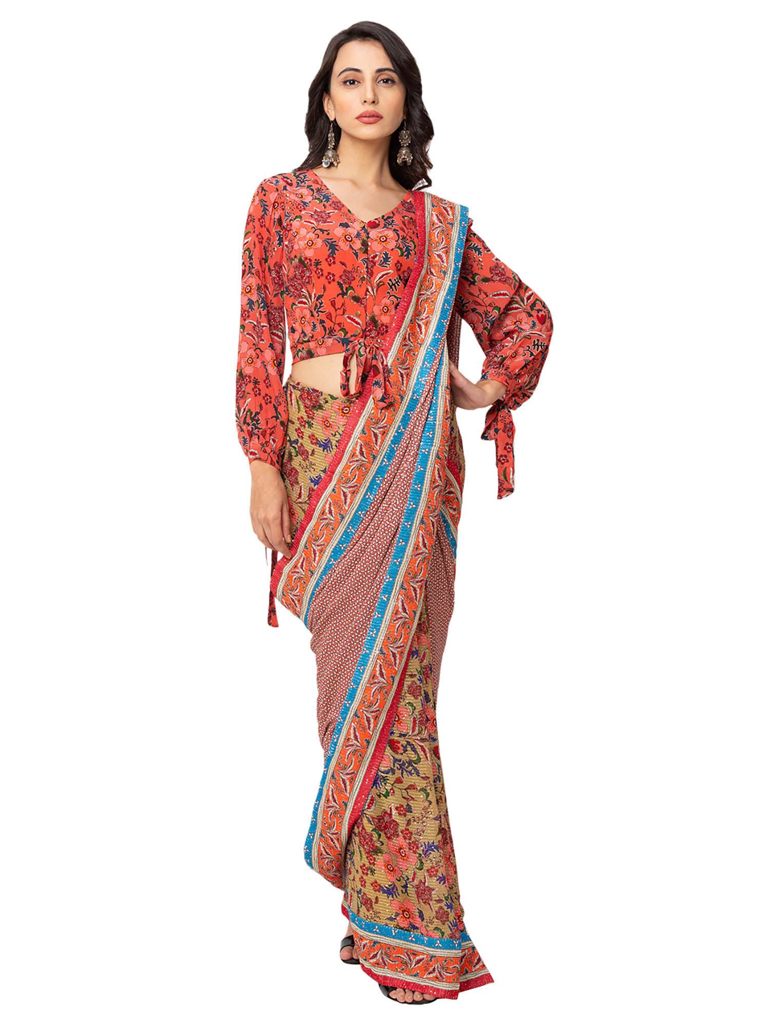 red printed saree with stitched blouse