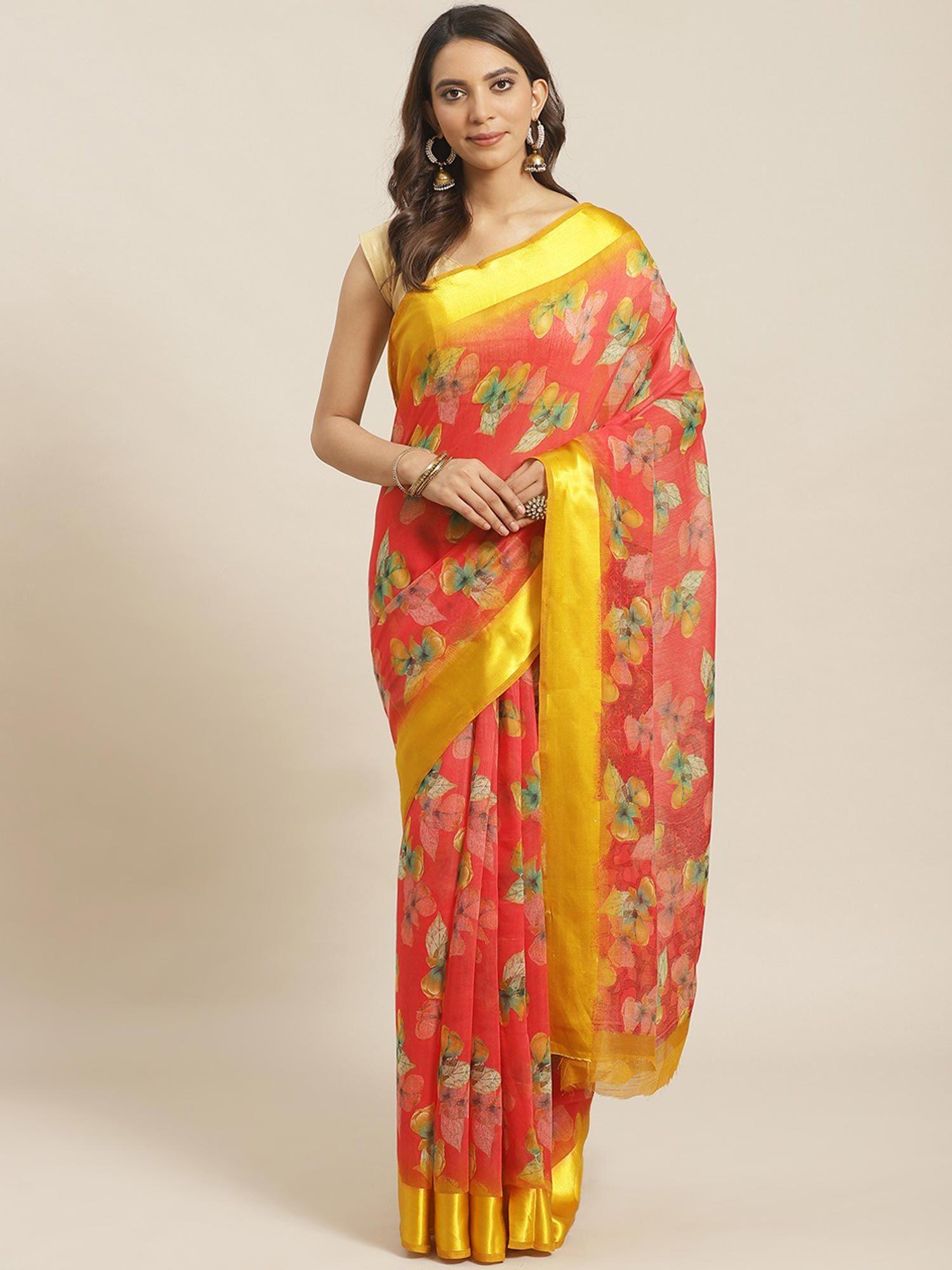 red printed saree with unstitched blouse