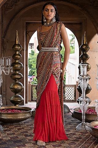 red printed sharara saree set