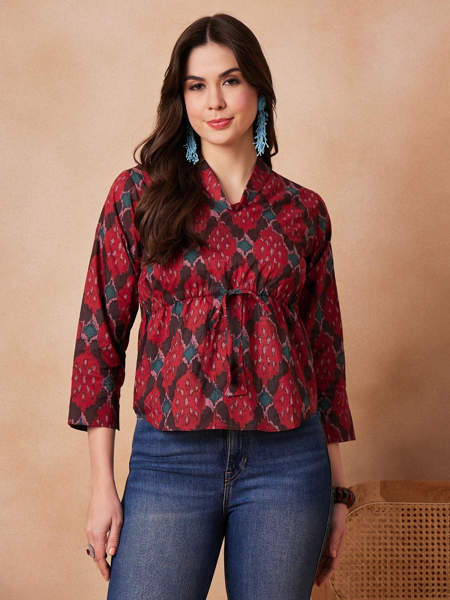 red printed shawl neck top