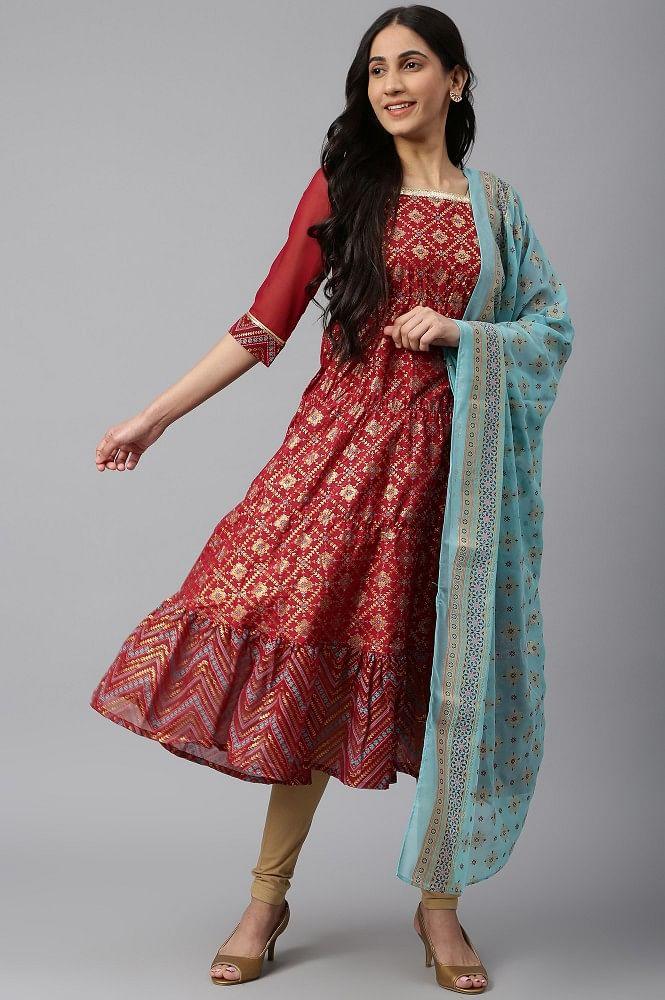 red printed straight kurta-tights-dupatta set