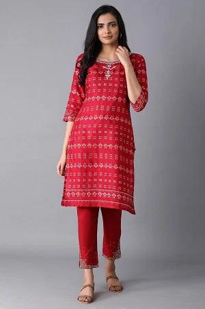 red printed straight kurta