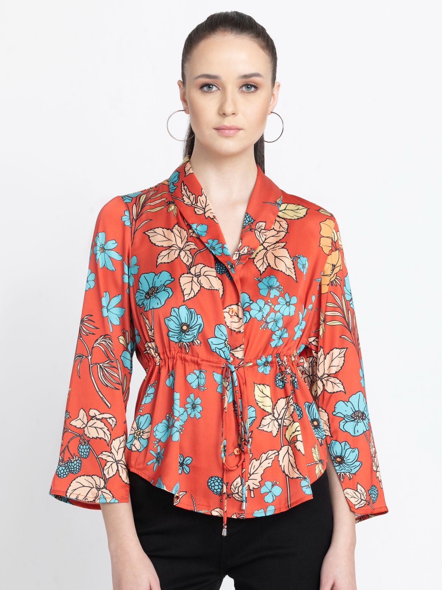 red printed three-fourth sleeves casual tops for women