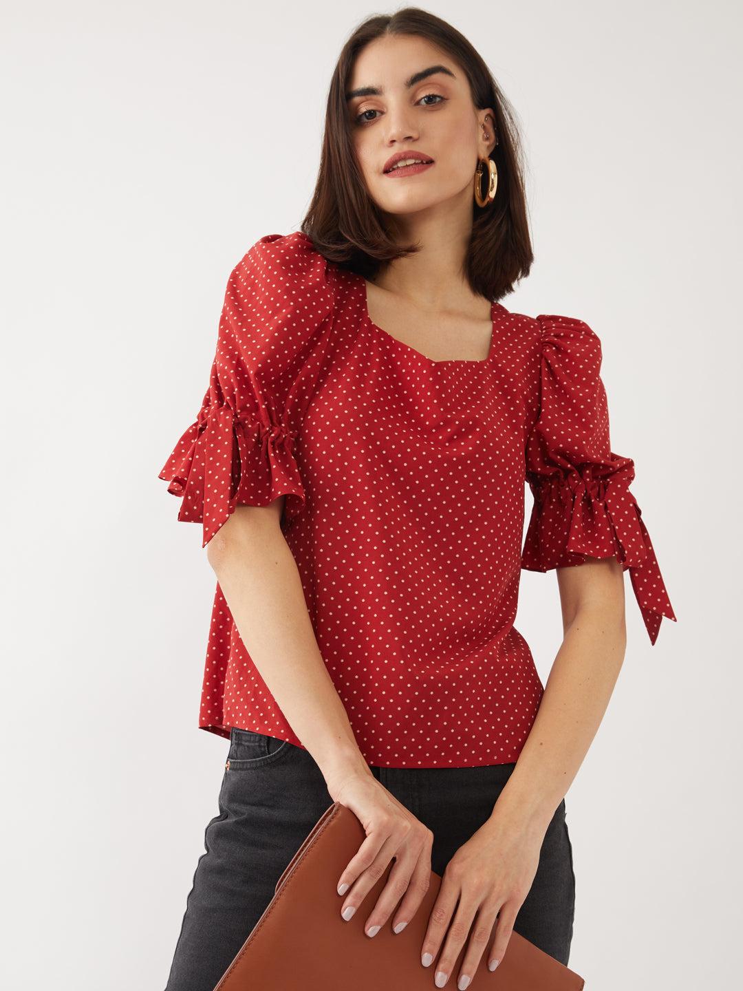 red printed tie-up top for women