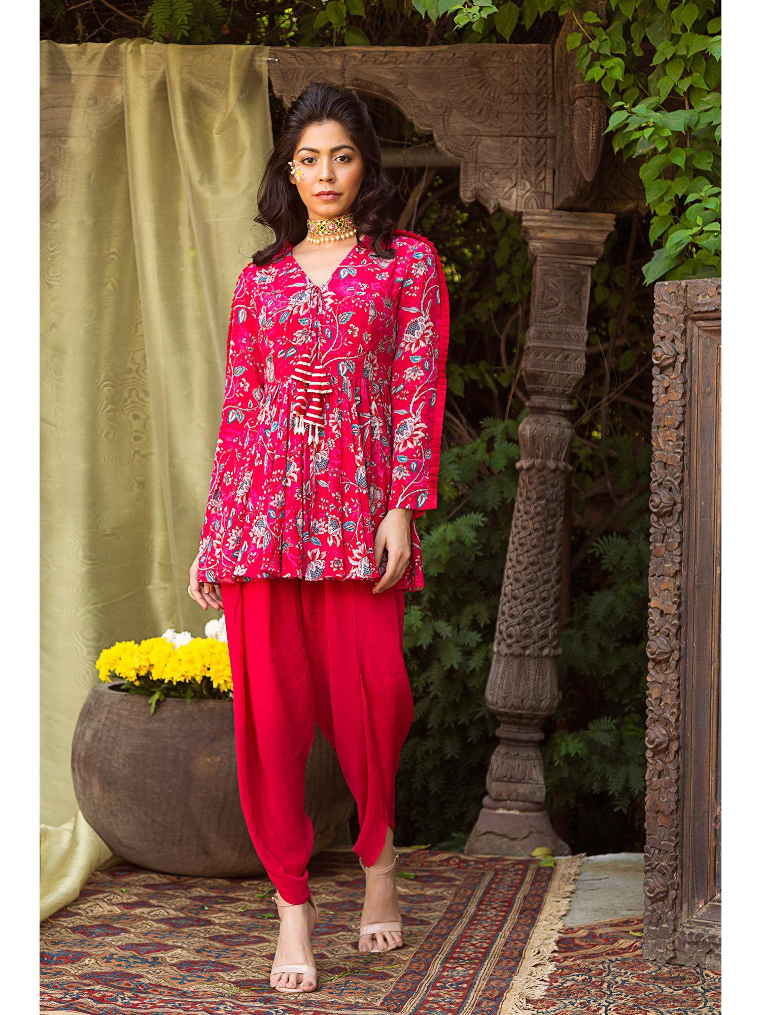 red printed tunic with dhoti (set of 2)