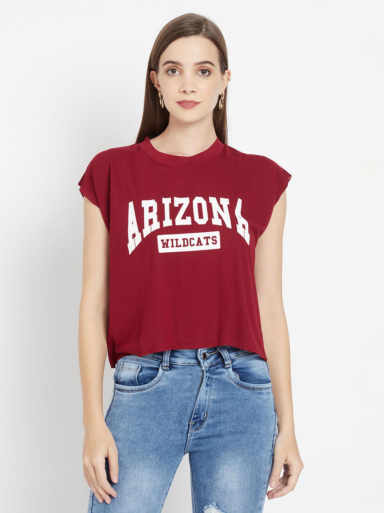 red printed wine red arizona print crop t-shirt