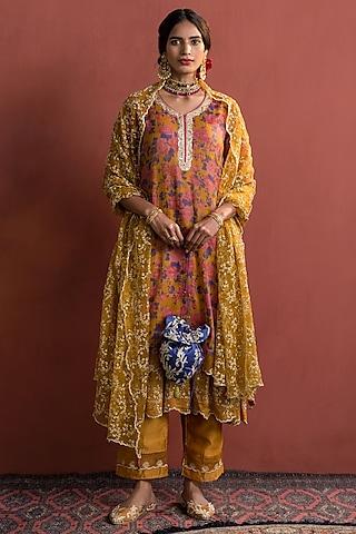 red printed zari kurta set