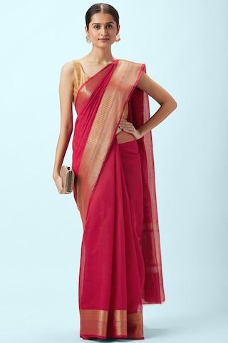 red printeded poly viscose sari