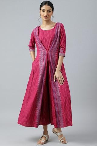 red printeded round neck ethnic ankle-length 3/4th sleeves women flared fit jumpsuit